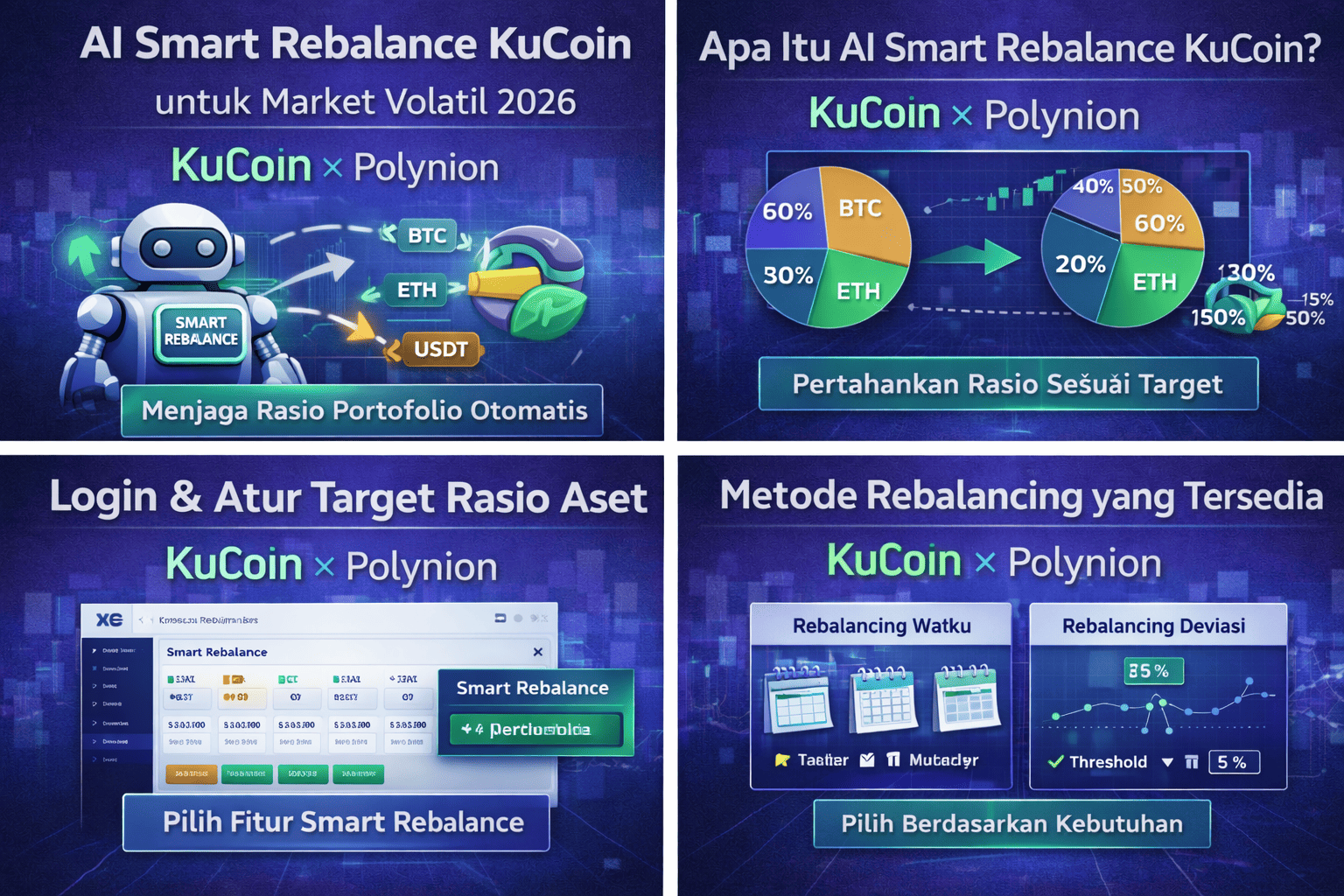AI Smart Rebalance KuCoin membantu menjaga rasio portofolio kripto tetap sesuai target saat market volatil secara otomatis.